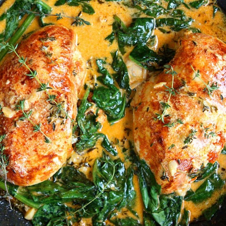 Paprika Chicken and Spinach with White Wine Butter Thyme Sauce